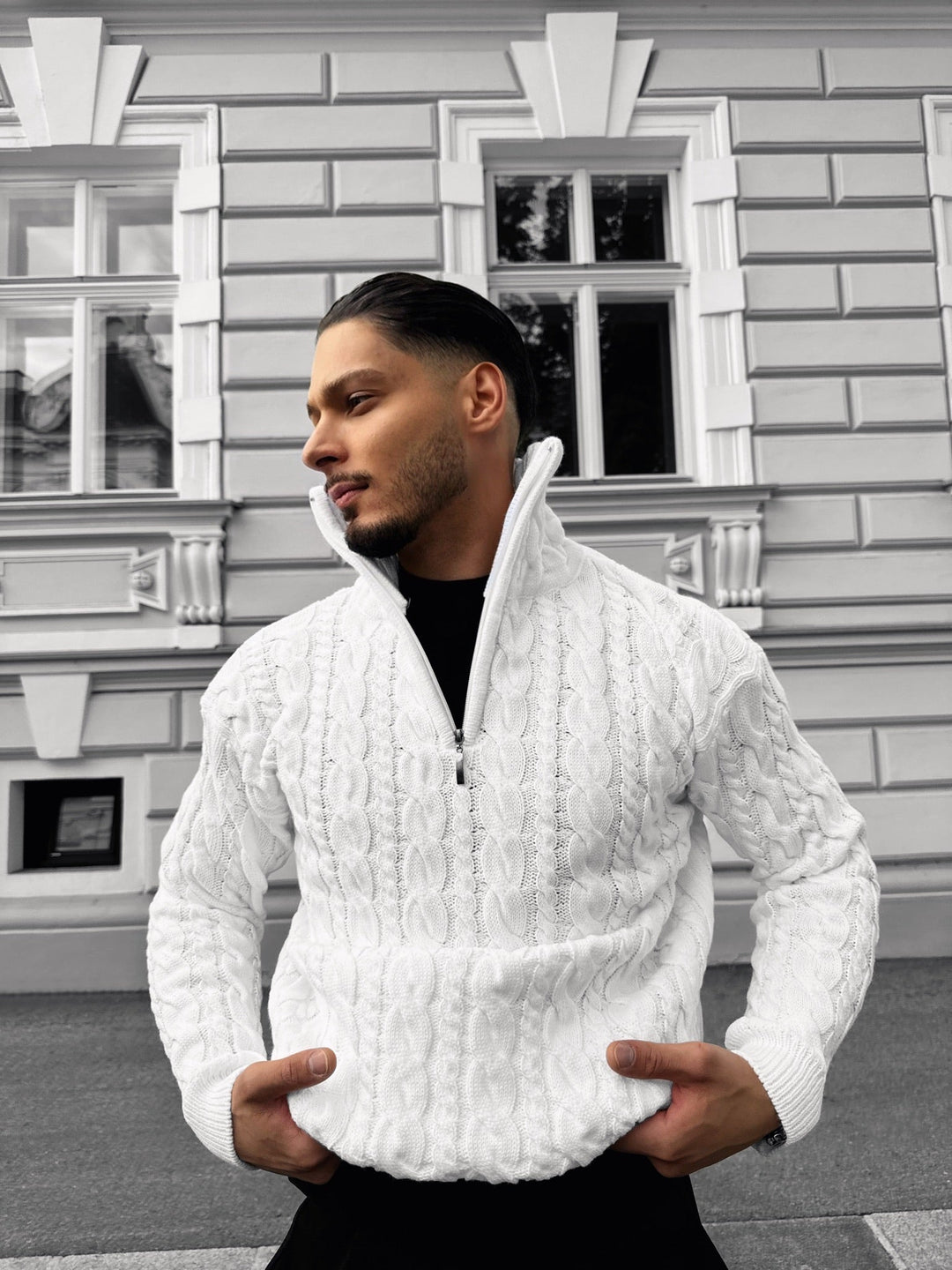 Oversize Kołnierz Splot Zamek Sweter - Biały