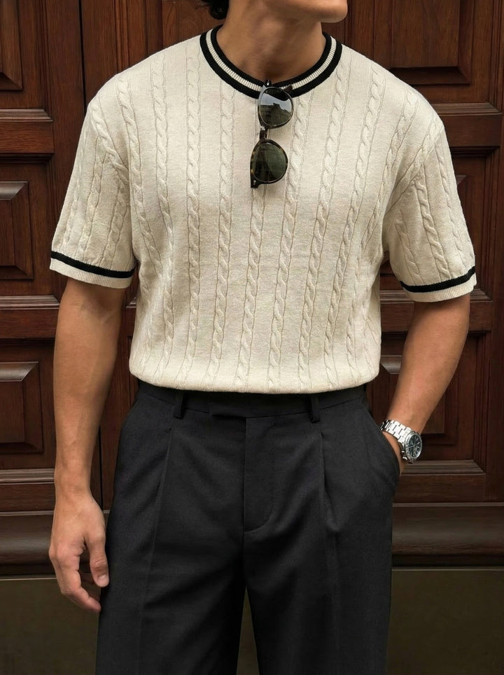 Regular Fit Braid Knit T-shirt - Kremowy
