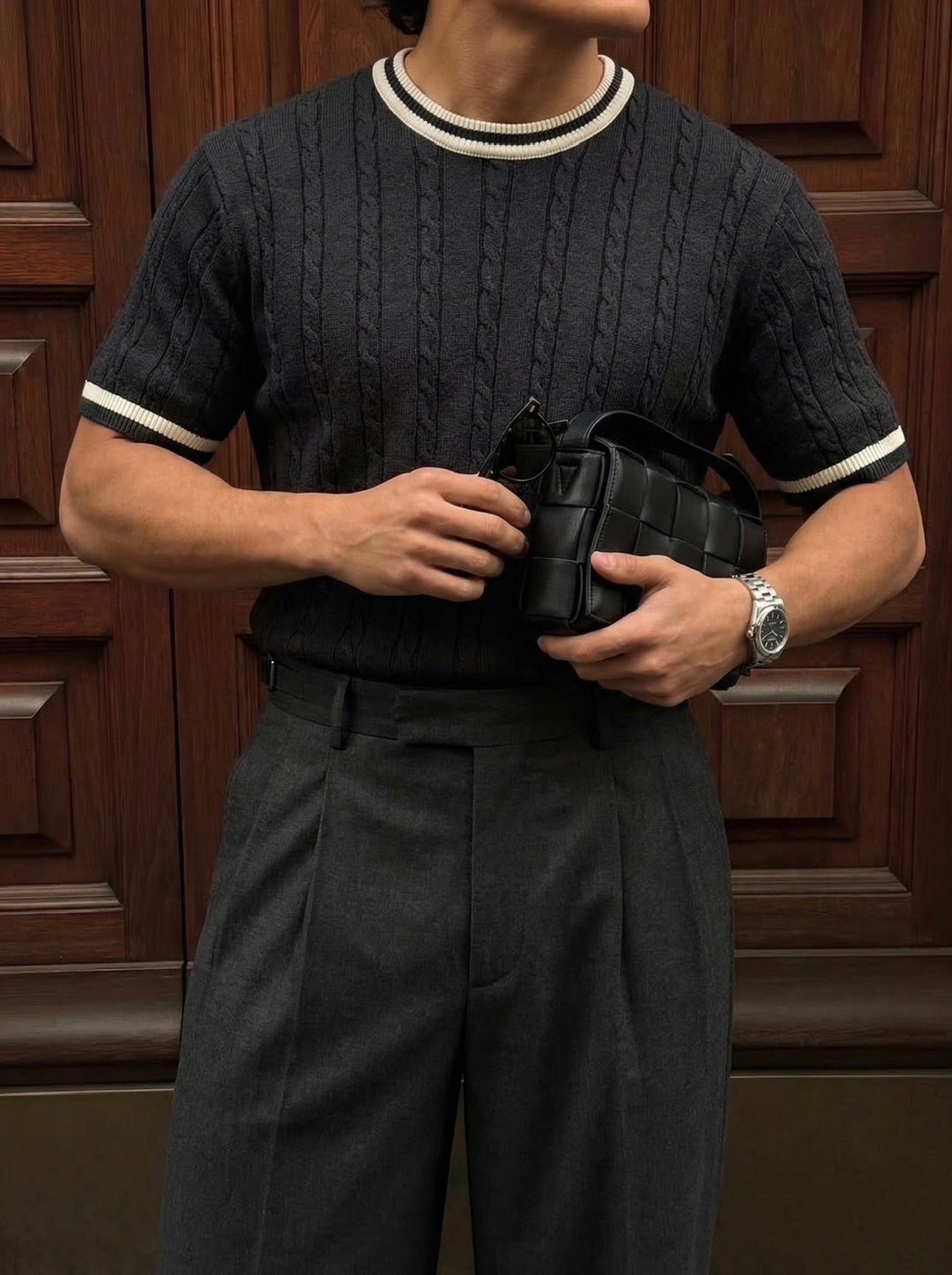 T-shirt Regular Fit Braid Knit - Antracytowy