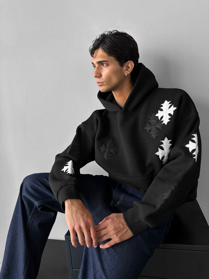 Oversize Gothic Cross Hoodie - Czarny