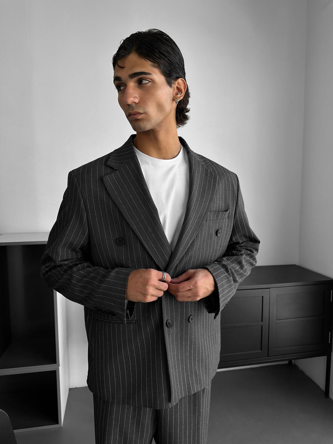 Oversize Pinstripe Podwójnie Zapięty Garnitur - Antracyt