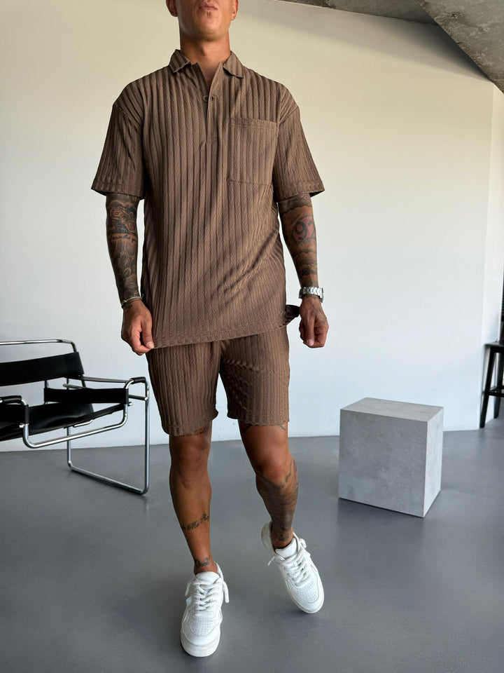 Oversize Strukturalna Koszulka Polo - Cappuccino