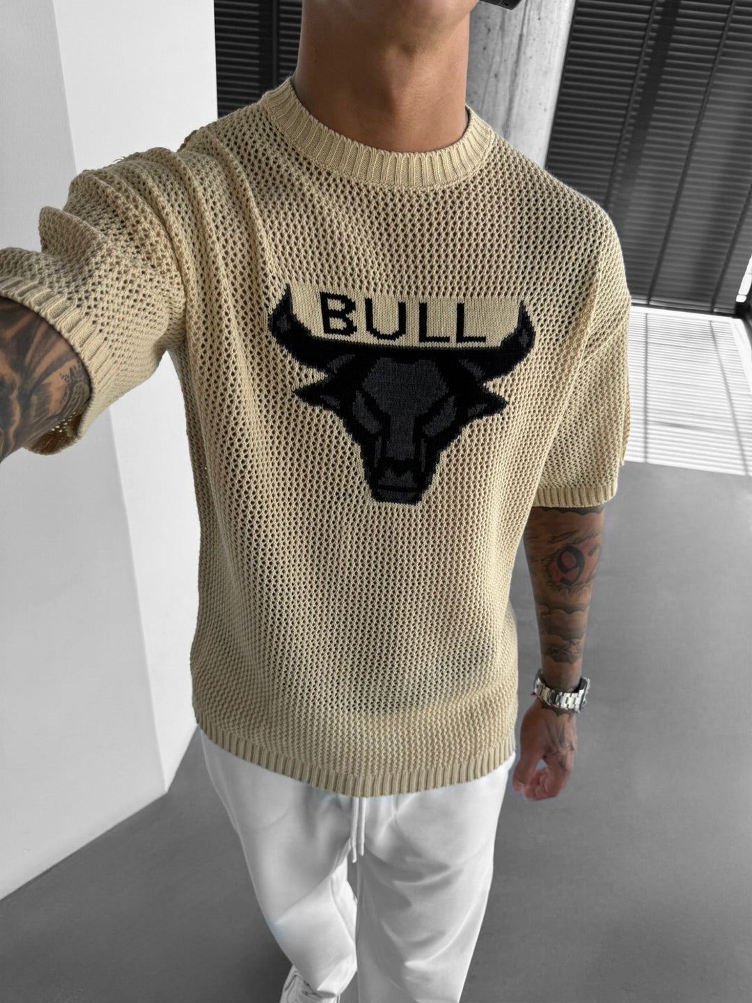 Oversize Bull Knit T-Shirt - Beżowy