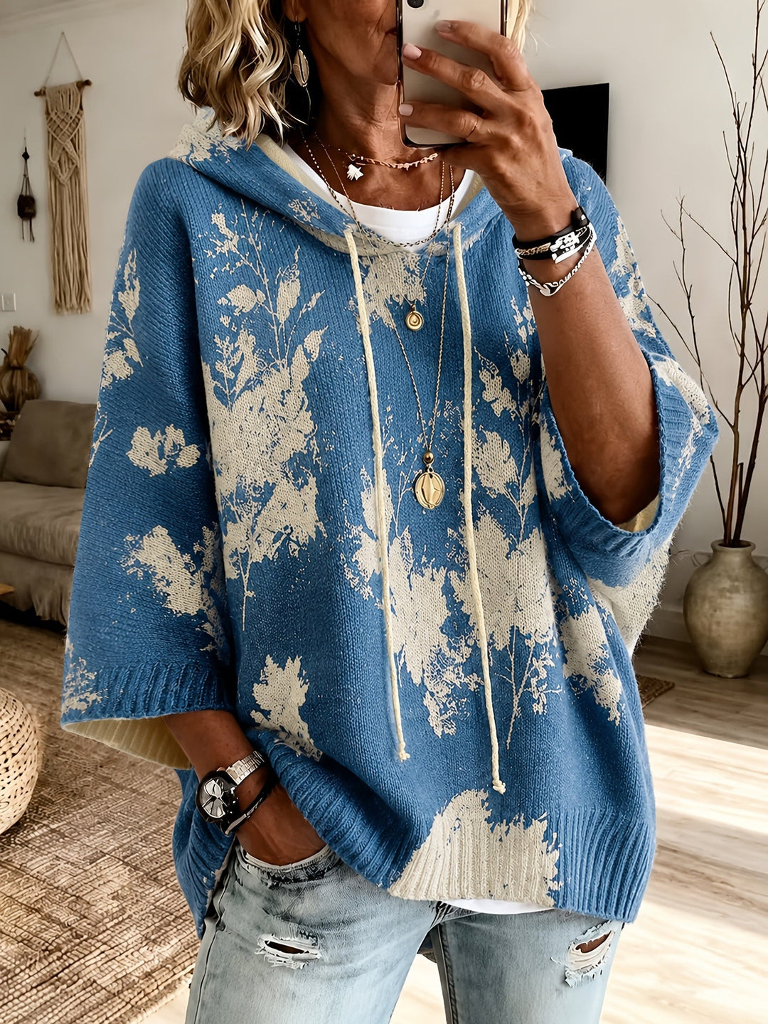 Z kapturem kwiatowy Cape sweter