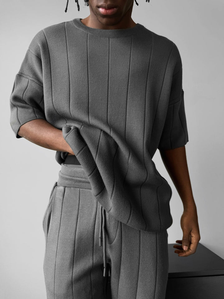 Oversize Line Knit T-Shirt - Antracyt