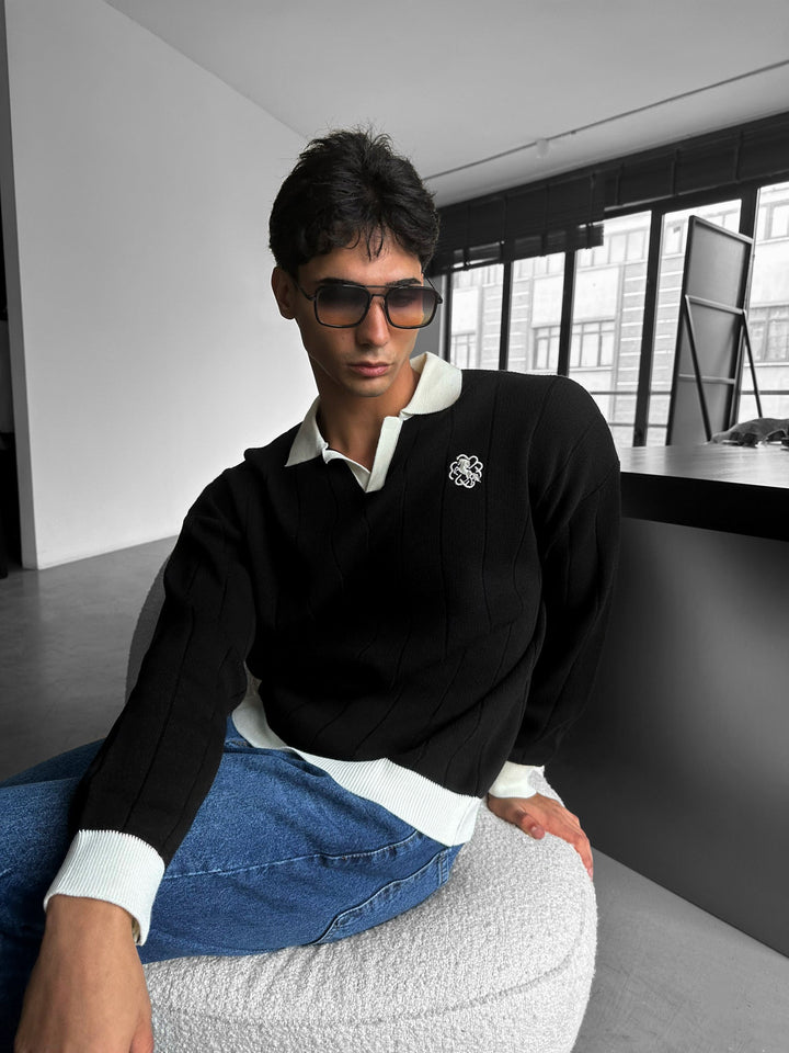 Oversized Haftowany Sweter Polo - Czarny