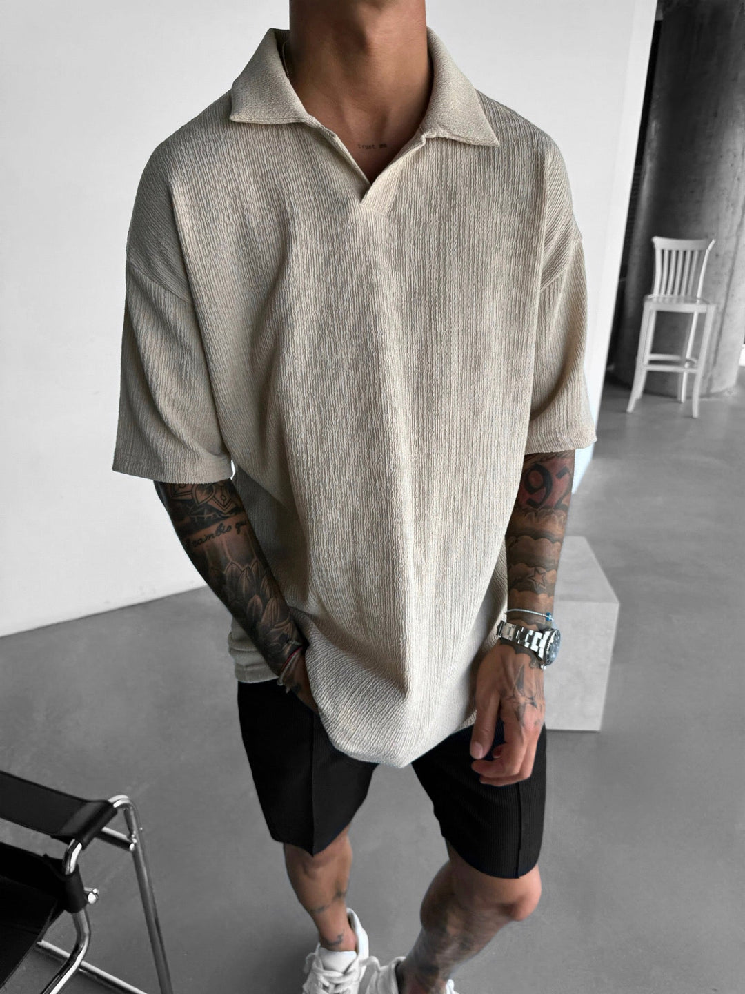 Oversize Crepe Polo T-Shirt - Beżowy