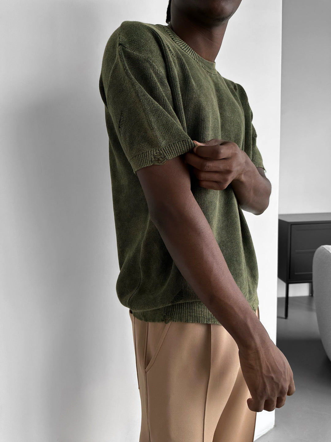 Oversize Knit Torn T-Shirt - Khaki