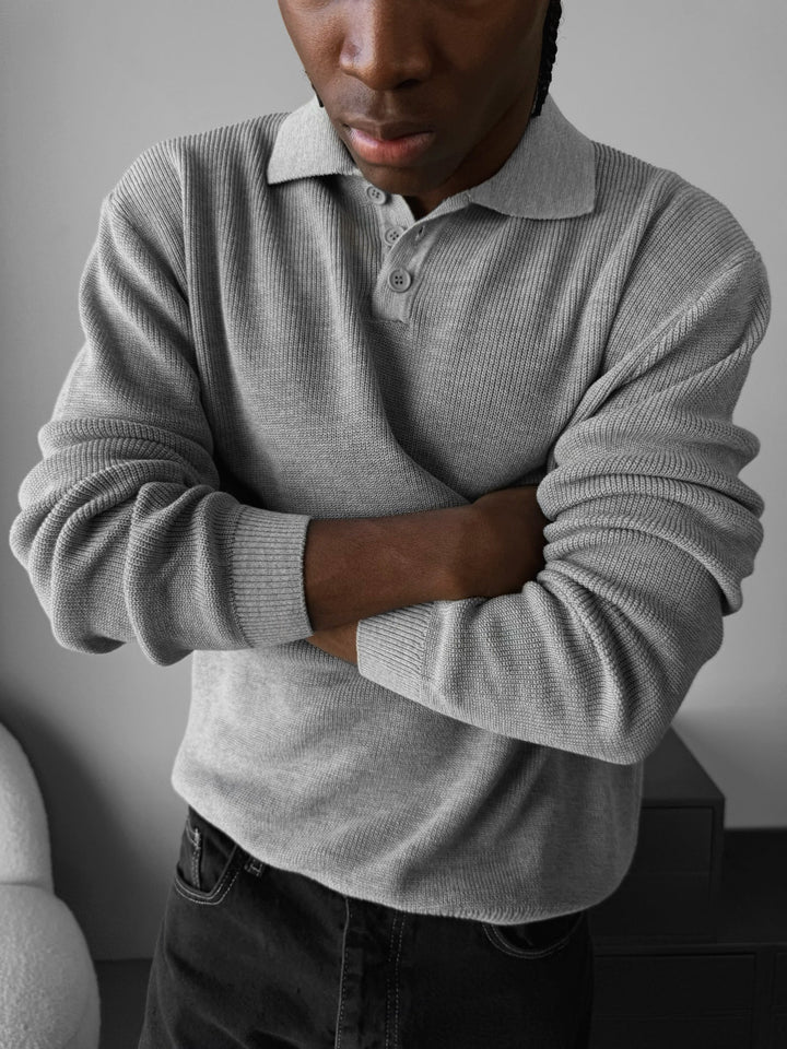 Luźny Sweter Polo - Szary
