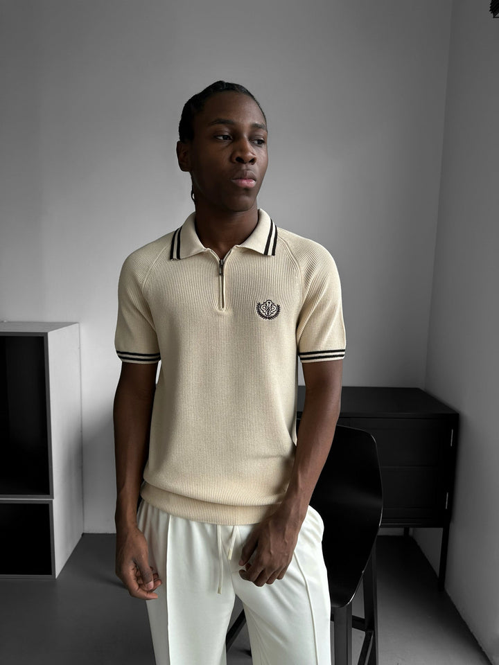 Slim Fit Half-Zip Haftowany Polo T-shirt - Beżowy