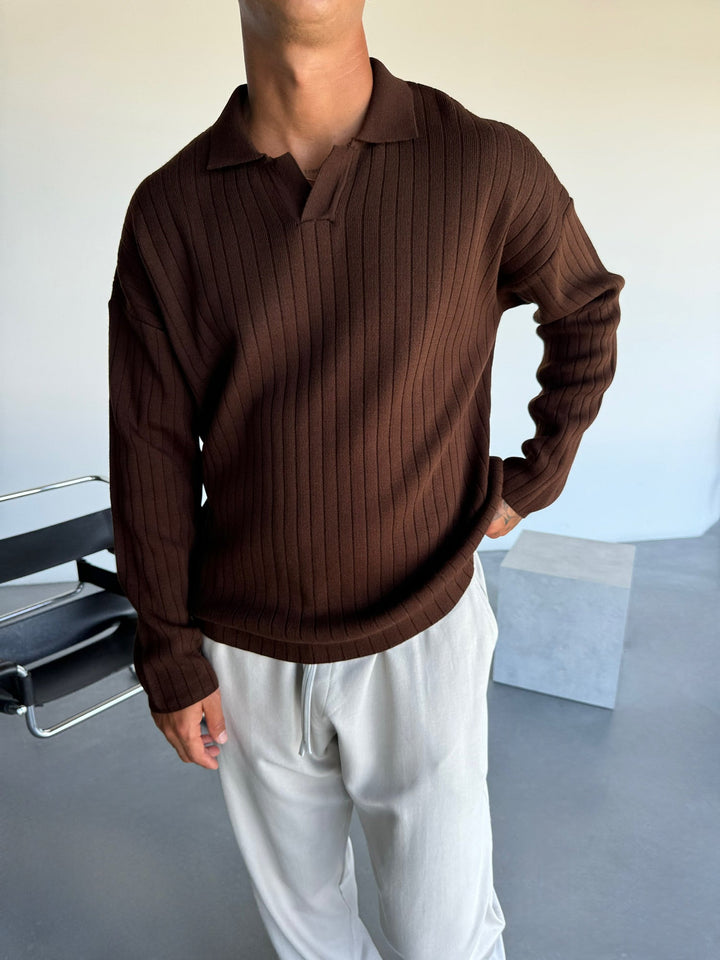 Oversize Szeroki Żebrowany Długi Rękaw Sweter Polo - Ciemnobrązowy
