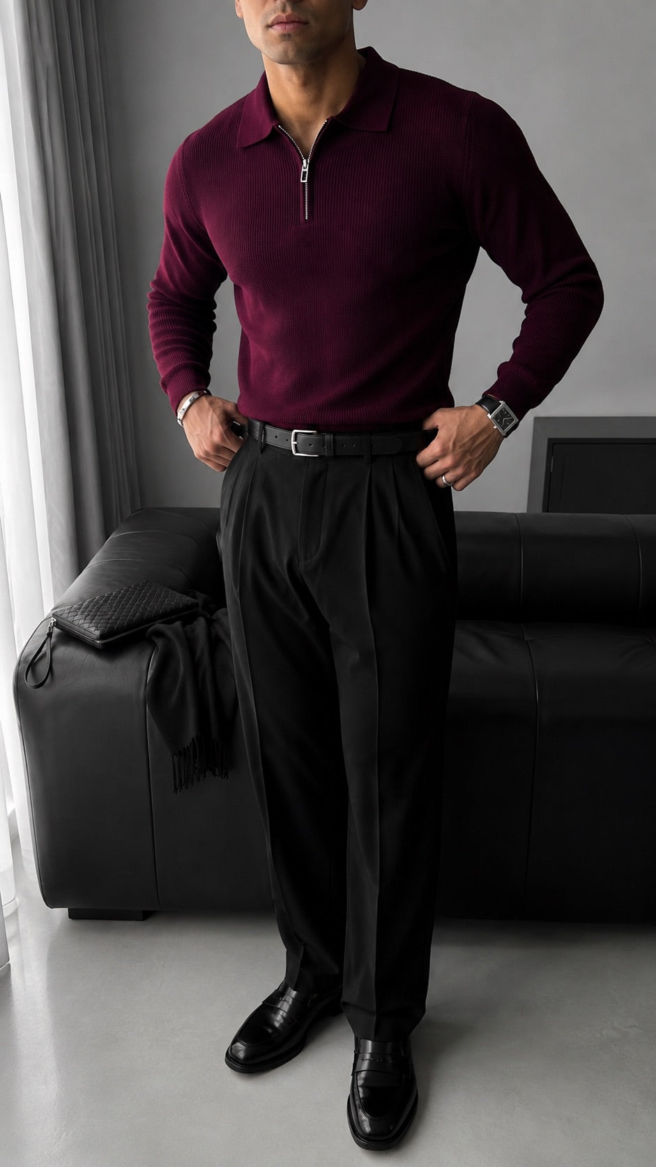 Luźny Sweter Polo - Bordeaux