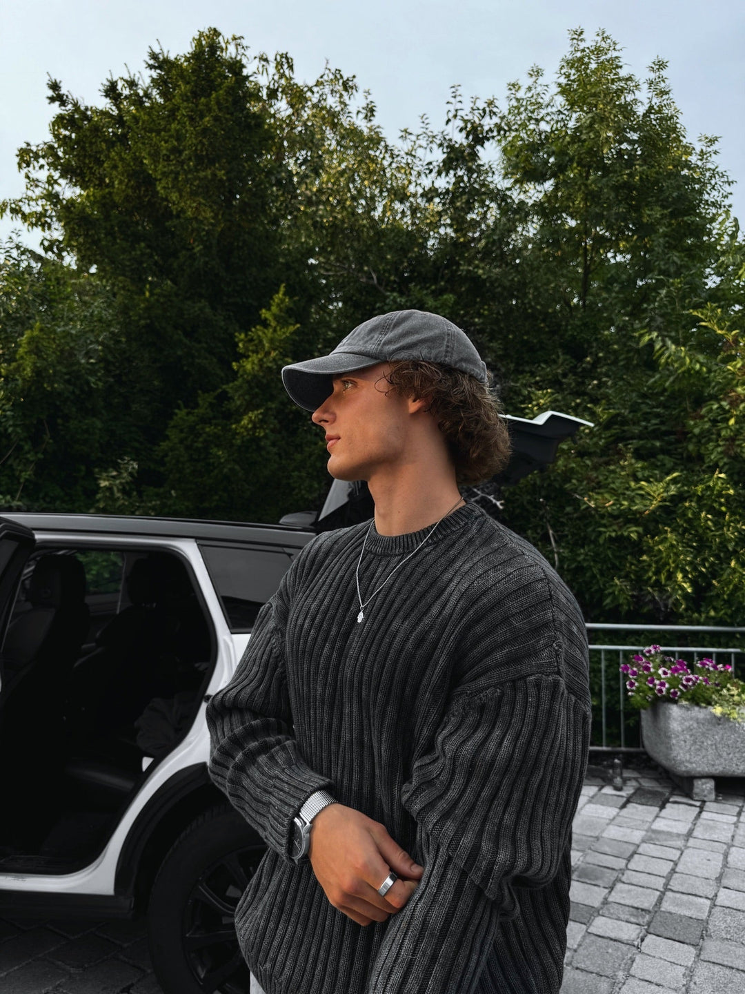 Oversize Ribbed Washed Sweater - Czarny