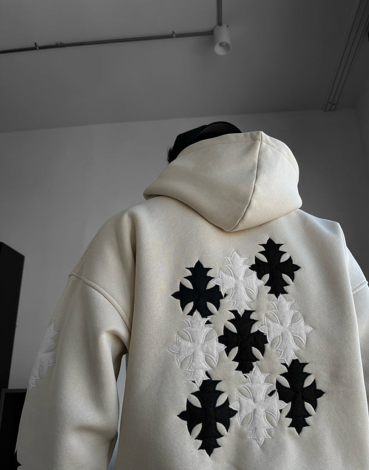 Hoodie Oversize z Gothic Krzyżem - Beżowy