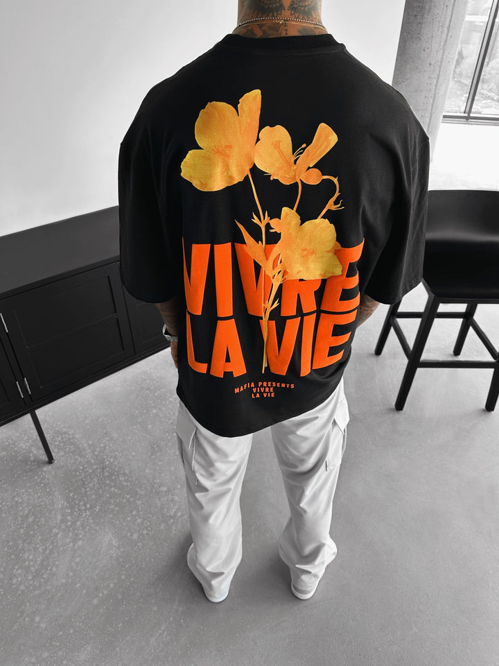 Oversize T-shirt Vivre la Vie - Czarny i Pomarańczowy