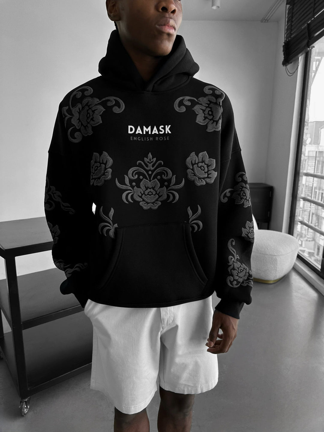 Oversize Damask Hoodie - Czarny