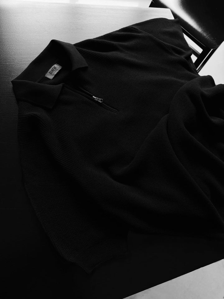 Oversize Zipper Knit Polo T-shirt - Czarny