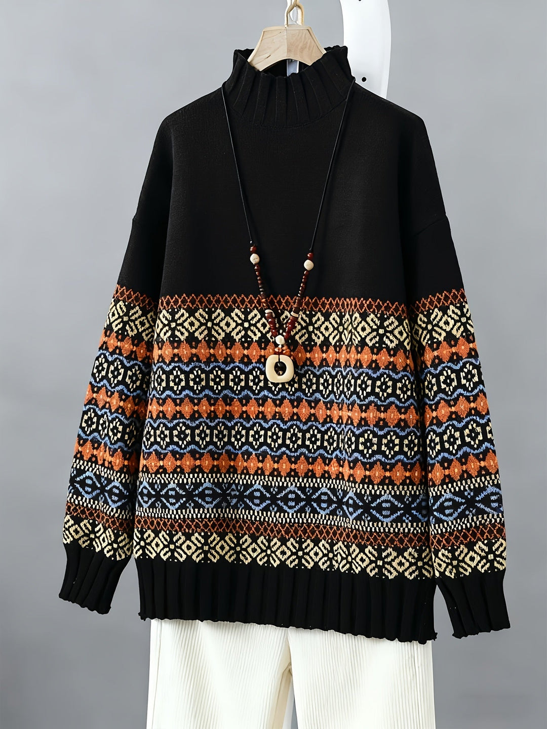 Vintage Jacquard luźny-krój sweter