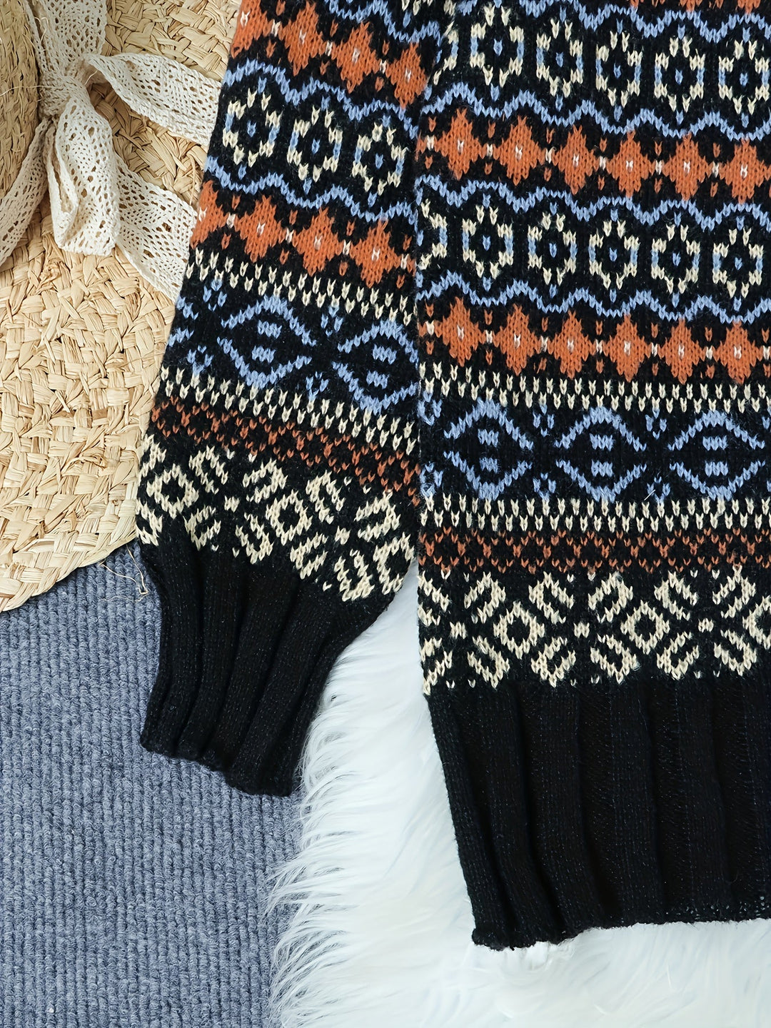 Vintage Jacquard luźny-krój sweter