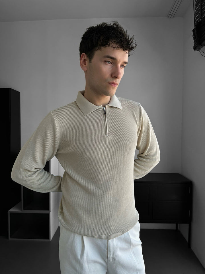 Luźny Sweter Polo - Beżowy