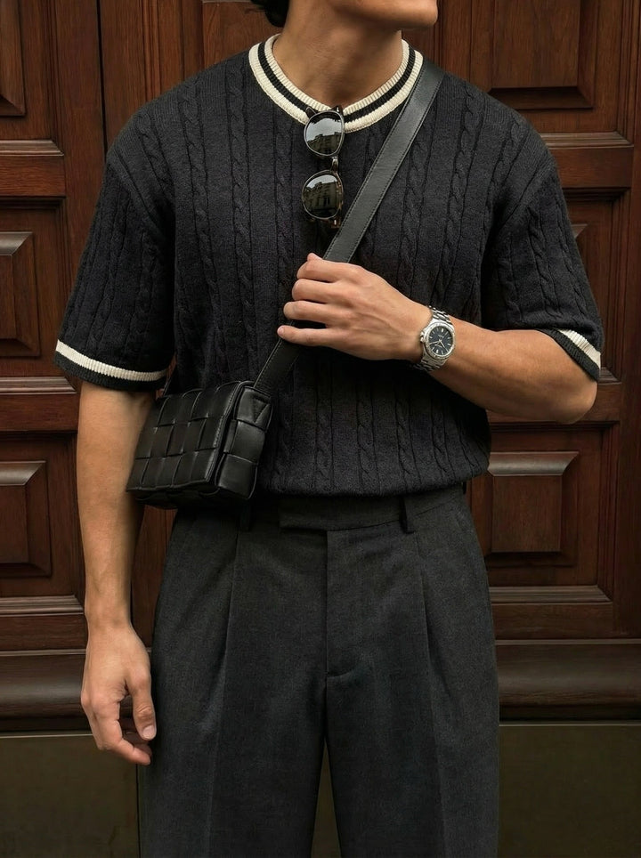 T-shirt Regular Fit Braid Knit - Antracytowy