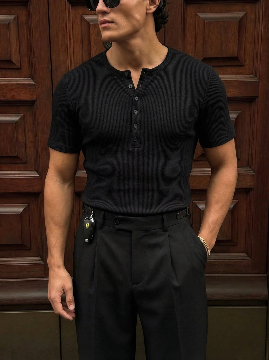 Slim Fit Button T-shirt - Czarny