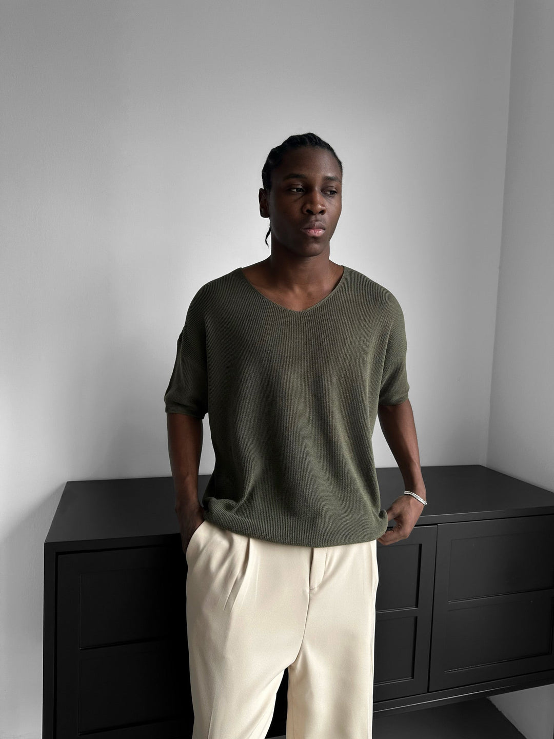 Oversize Długi T-Shirt Dzianinowy - Khaki