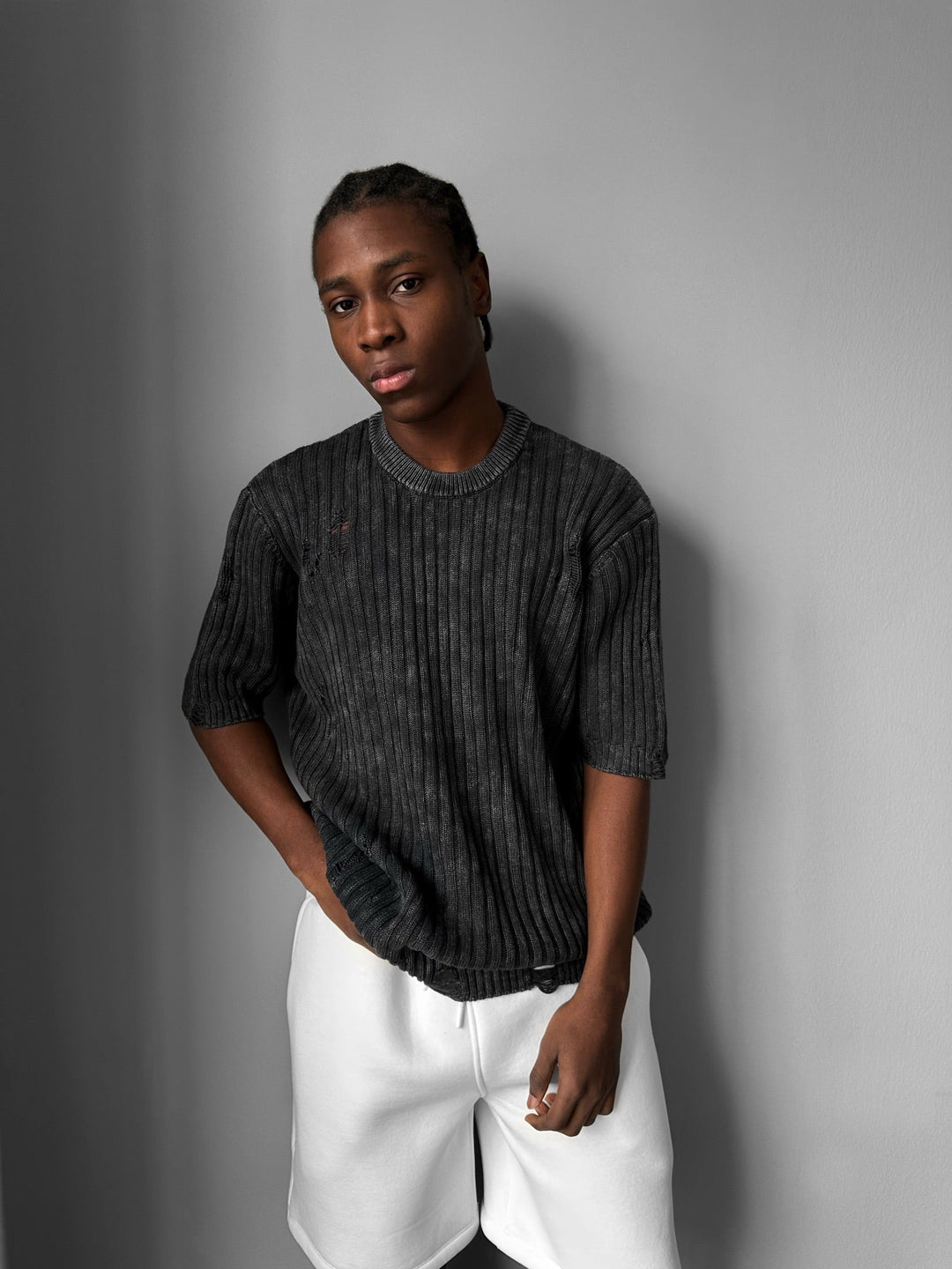 Oversize Torn Washed Knit T-shirt - Czarny