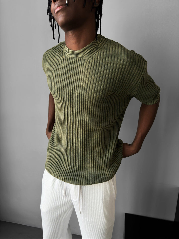 Slim Fit Prany T-Shirt z Cienkimi Liniami - Khaki