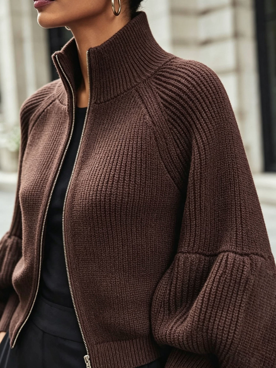 Zip-Up Puff-Sleeve kardigan