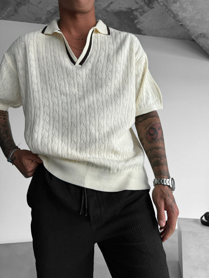 Oversize Structured Polo T-Shirt - Ecru i Brąz