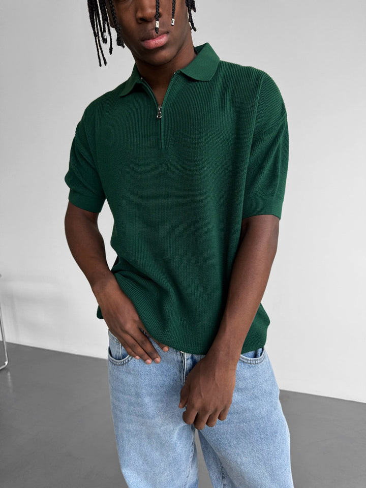 Oversize Zipper Knit Polo T-shirt - Szmaragdowy