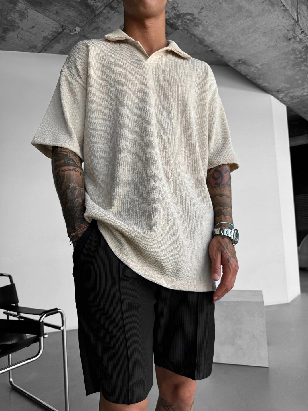 Oversize Crepe Polo T-Shirt - Beżowy