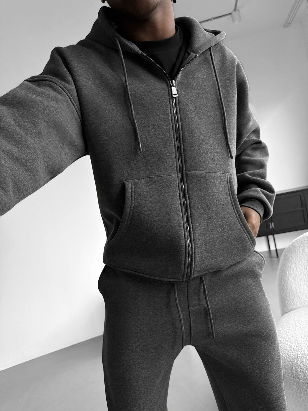 Oversize Basic Zipper Hoodie - Antracytowy Melanż