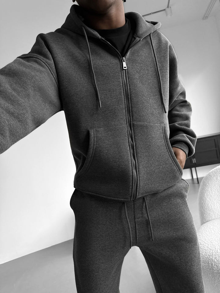 Oversize Basic Zipper Hoodie - Antracytowy Melanż