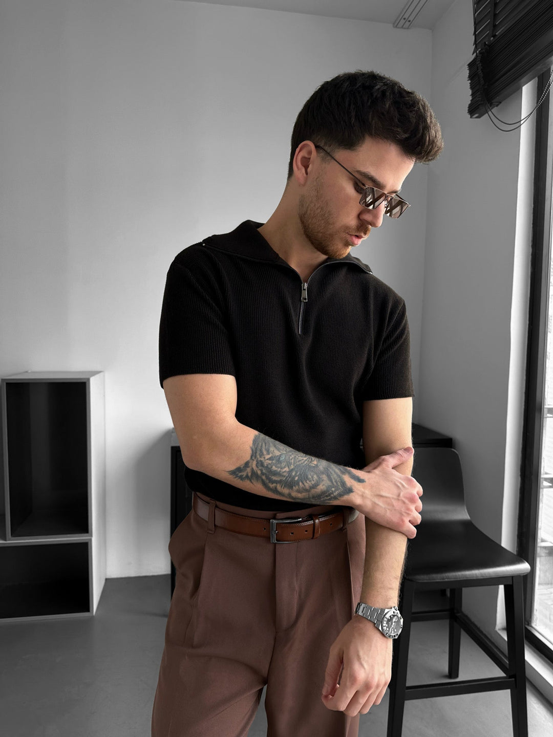 Oversize Zip Neck Knit T-shirt - Ciemnobrązowy