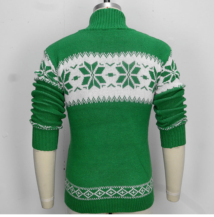 Męski świąteczny sweter w śnieżynki z kołnierzem