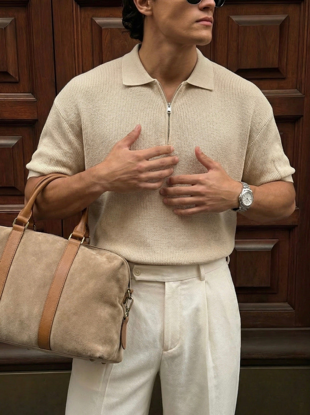 Oversize Zipper Knit Polo T-shirt - Beżowy