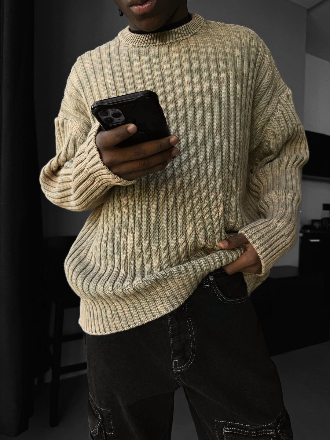 Oversize Ribbed Washed Sweater - Kamień