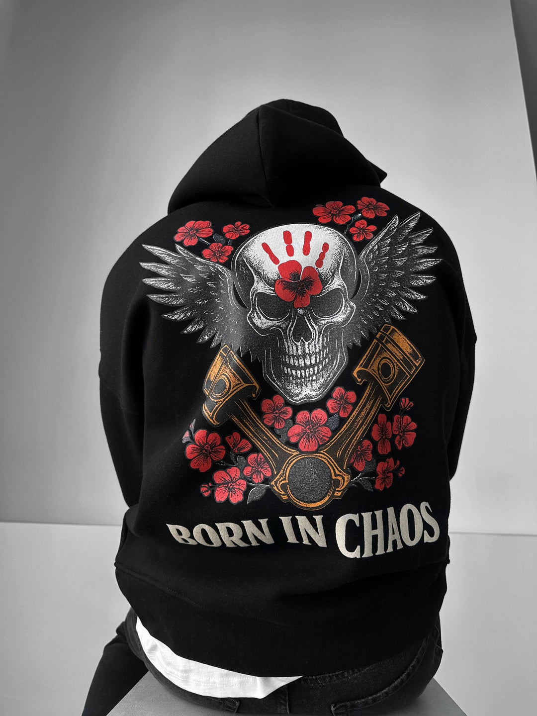 Hoodie Oversize Skeleton Born in Chaos - Czarny