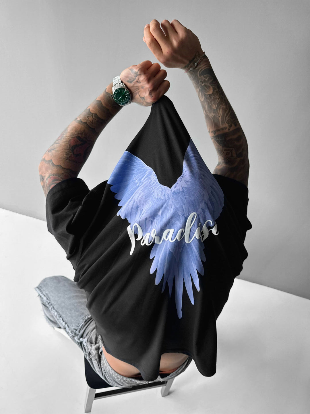 T-shirt Oversize Parrot Paradise - Czarny i Fioletowy