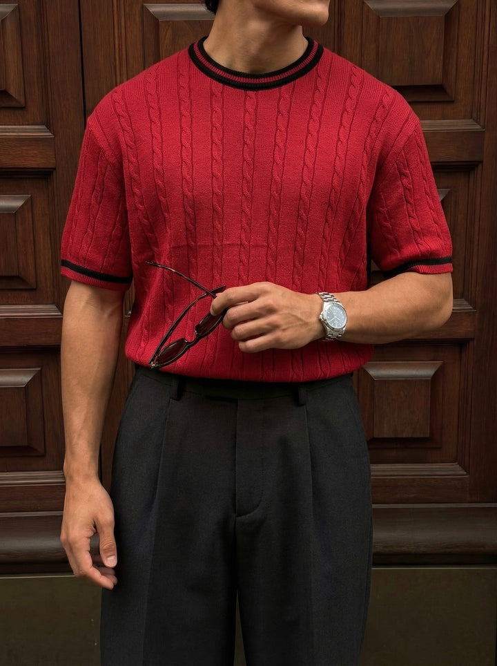 T-shirt Regular Fit z plecionką - Bordeaux