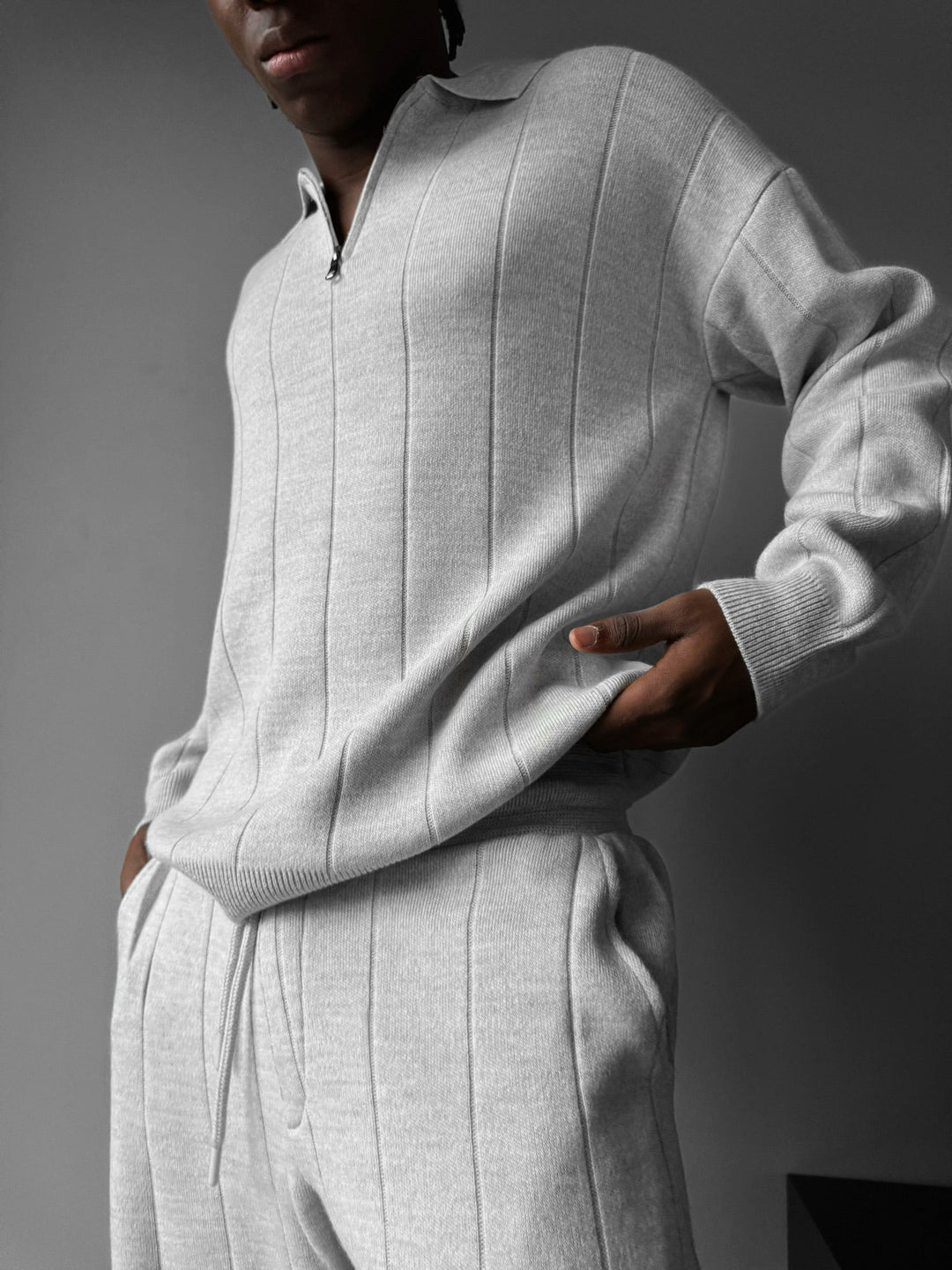 Oversize Lines Knit Zipper Polo Sweatshirt - Jasnoszary