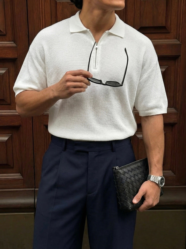 Oversize Zipper Knit Polo T-shirt - Ecru