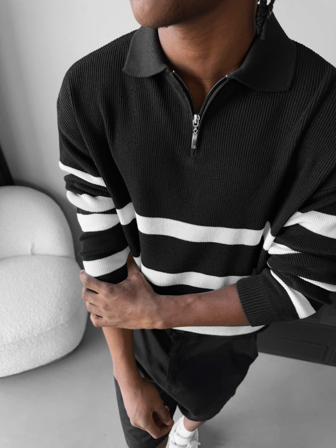 Oversize Sweter Polo Krótki - Czarny