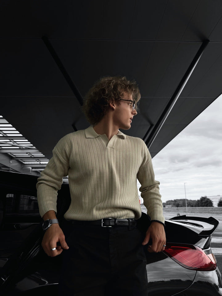 Oversize Szeroki Żebrowany Długi Rękaw Sweter Polo - Kamień