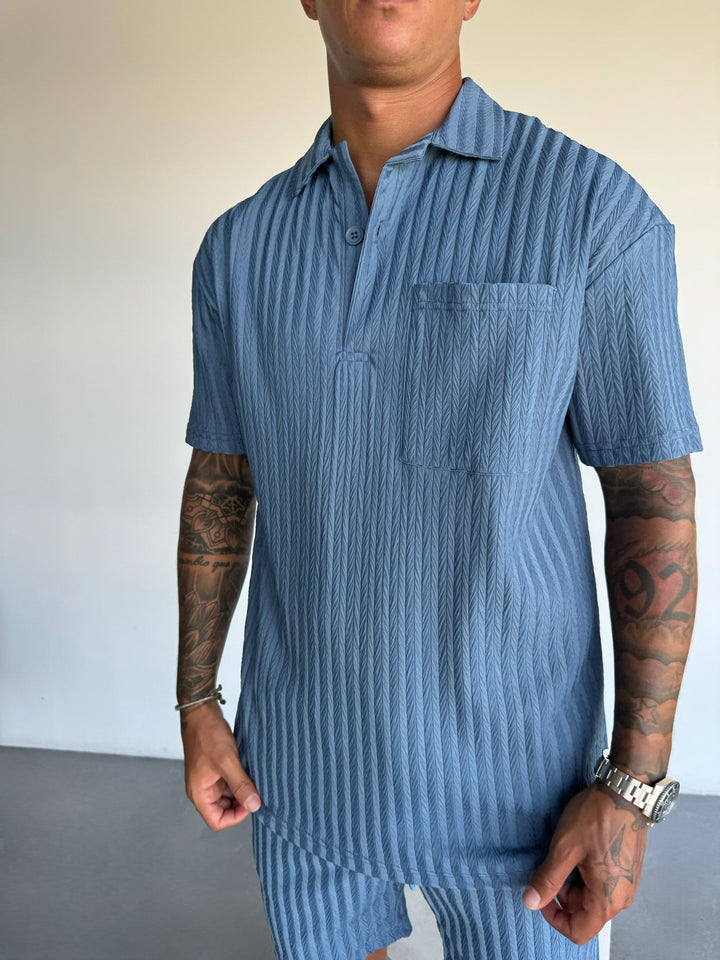 Oversize Structured Polo T-Shirt - Koronowy Niebieski