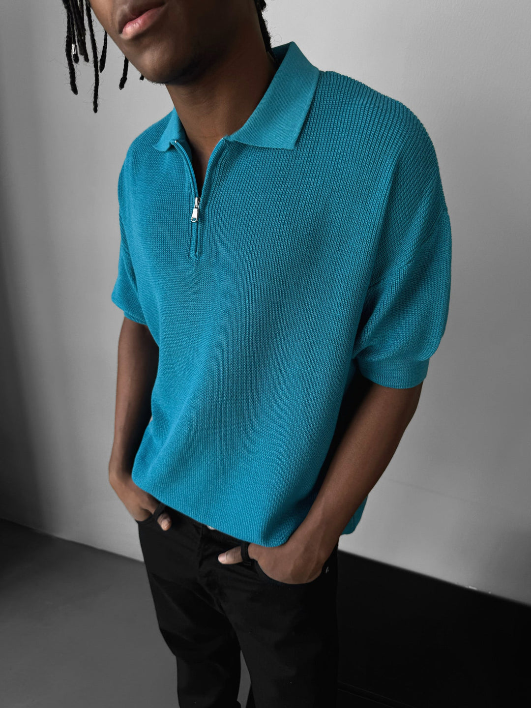 Oversize Zipper Knit Polo T-shirt - Niebieski