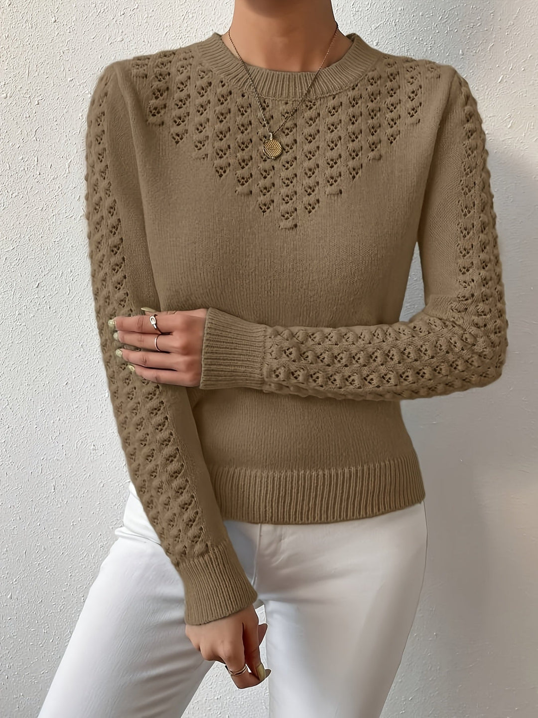 Pointelle-Knit Round szyja sweter