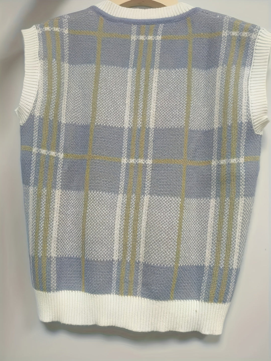 Vintage krata sweter z dekoltem V kamizelka